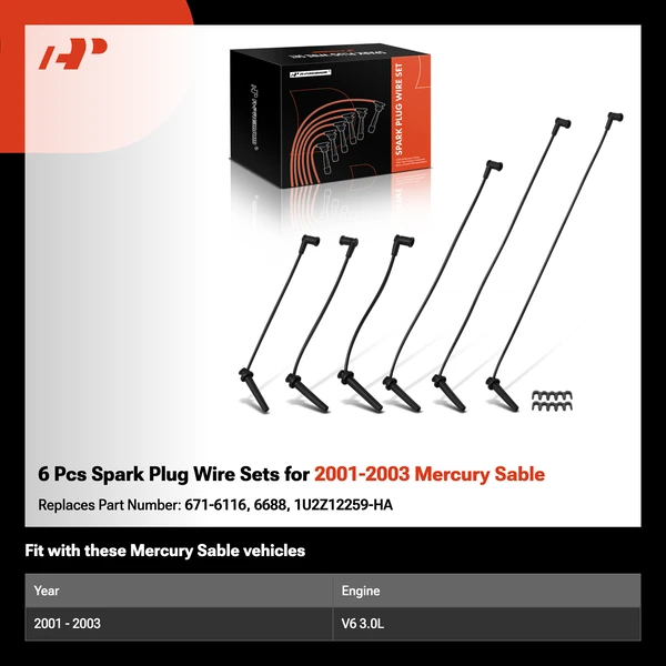 6 Pcs Spark Plug Wire Sets for 2001-2003 Mercury Sable