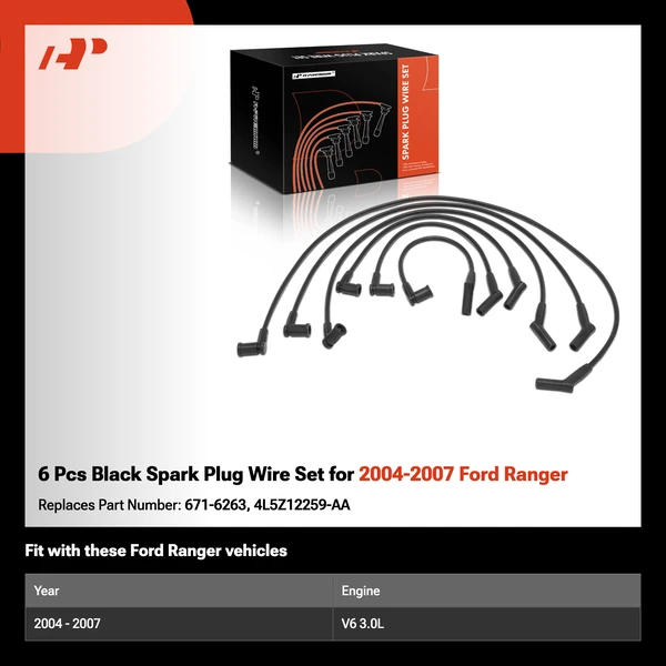 6 Pcs Black Spark Plug Wire Set for 2004-2007 Ford Ranger