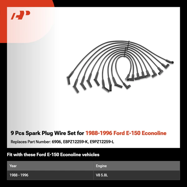 9 Pcs Spark Plug Wire Set for 1988-1996 Ford E-150 Econoline