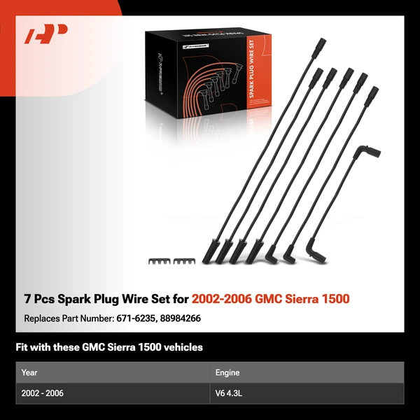 7 Pcs Spark Plug Wire Set for 2002-2006 GMC Sierra 1500