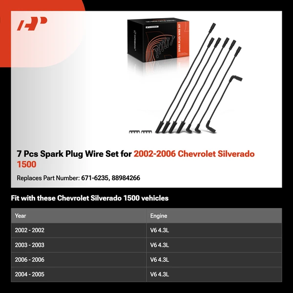 7 Pcs Spark Plug Wire Set for 2002-2006 Chevrolet Silverado 1500