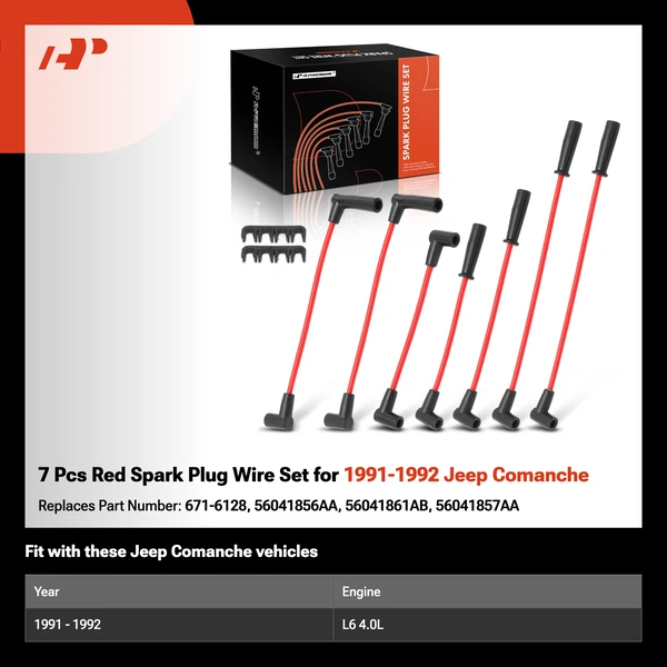 7 Pcs Red Spark Plug Wire Set for 1991-1992 Jeep Comanche