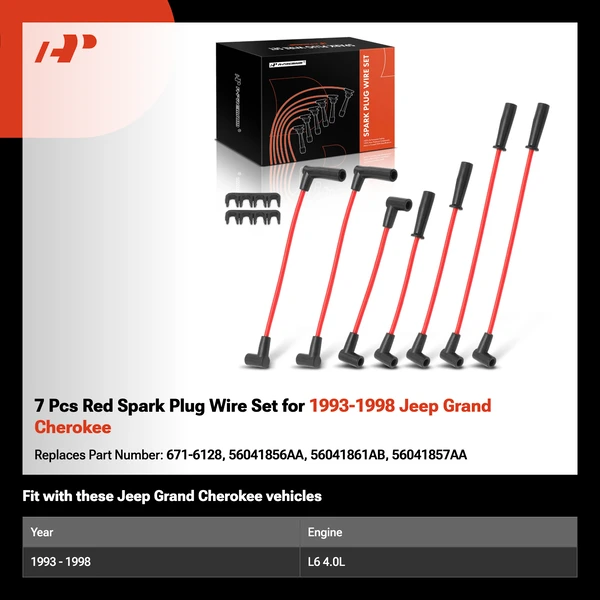 7 Pcs Red Spark Plug Wire Set for 1993-1998 Jeep Grand Cherokee