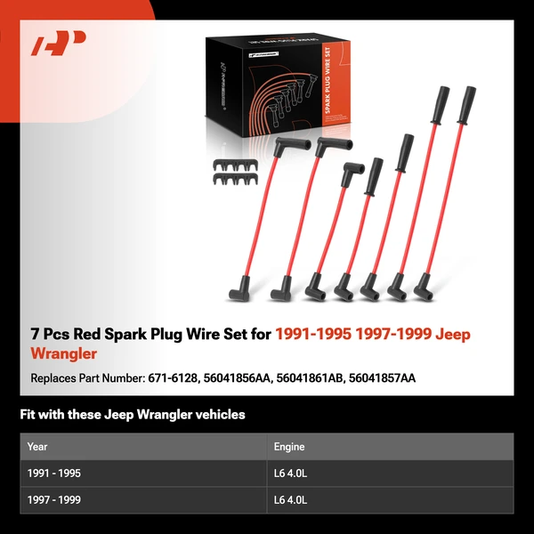 7 Pcs Red Spark Plug Wire Set for 1991-1995 1997-1999 Jeep Wrangler