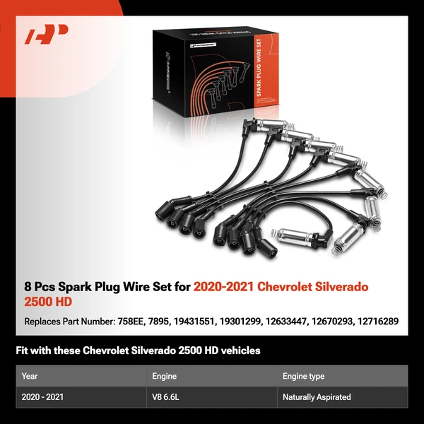 8 Pcs Spark Plug Wire Set for 2020-2021 Chevrolet Silverado 2500 HD