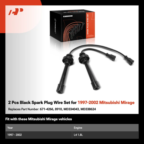 2 Pcs Black Spark Plug Wire Set for 1997-2002 Mitsubishi Mirage