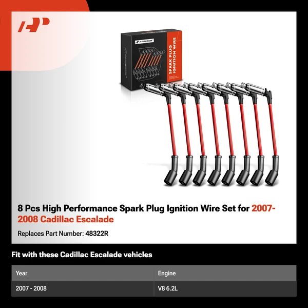 8 Pcs High Performance Spark Plug Ignition Wire Set for 2007-2008 Cadillac Escalade