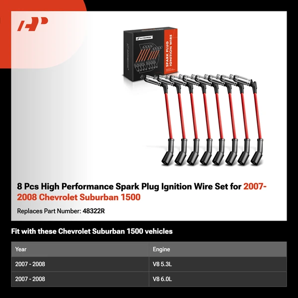 8 Pcs High Performance Spark Plug Ignition Wire Set for 2007-2008 Chevrolet Suburban 1500