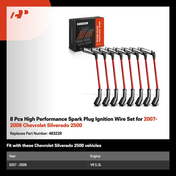 8 Pcs High Performance Spark Plug Ignition Wire Set for 2007-2008 Chevrolet Silverado 2500