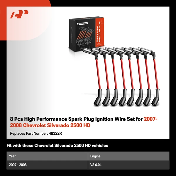8 Pcs High Performance Spark Plug Ignition Wire Set for 2007-2008 Chevrolet Silverado 2500 HD