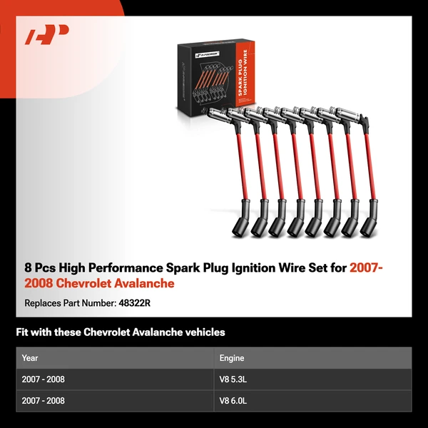 8 Pcs High Performance Spark Plug Ignition Wire Set for 2007-2008 Chevrolet Avalanche