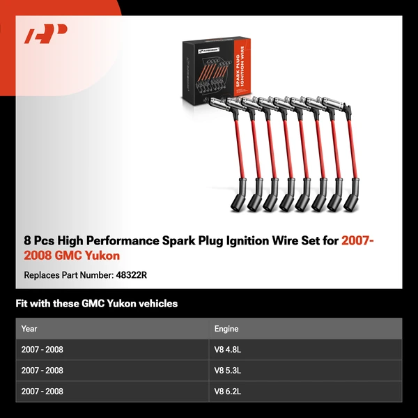 8 Pcs High Performance Spark Plug Ignition Wire Set for 2007-2008 GMC Yukon