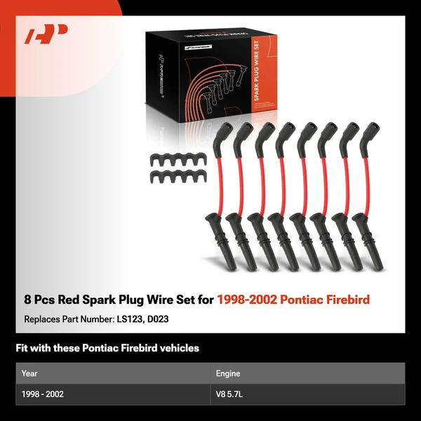 8 Pcs Red Spark Plug Wire Set for 1998-2002 Pontiac Firebird