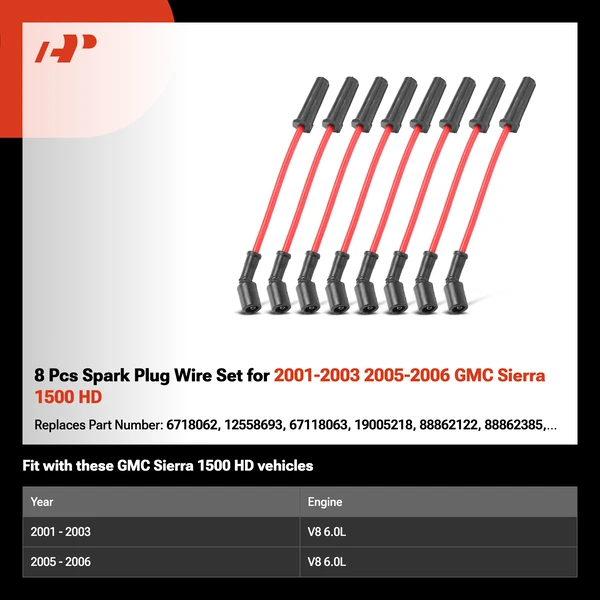 8 Pcs Spark Plug Wire Set for 2001-2003 2005-2006 GMC Sierra 1500 HD