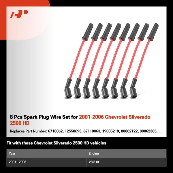 8 Pcs Spark Plug Wire Set for 2001-2006 Chevrolet Silverado 2500 HD