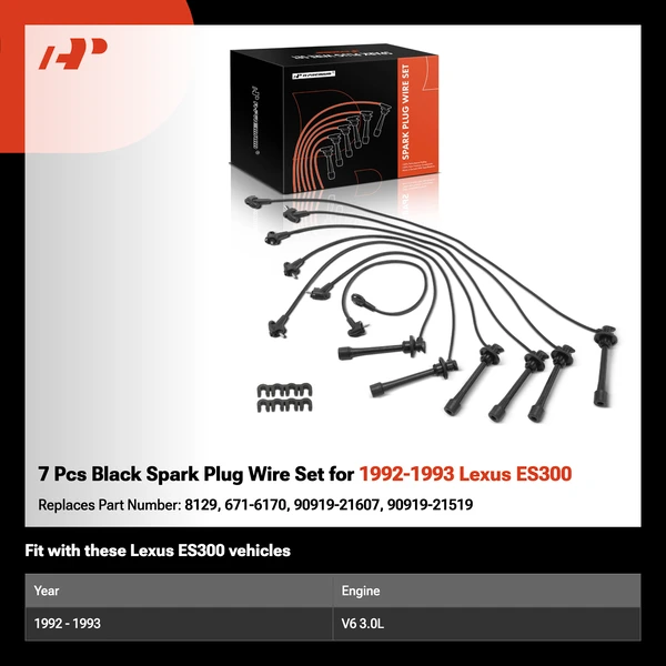 7 Pcs Black Spark Plug Wire Set for 1992-1993 Lexus ES300