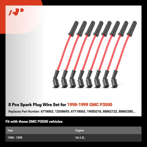 8 Pcs Spark Plug Wire Set for 1998-1999 GMC P3500