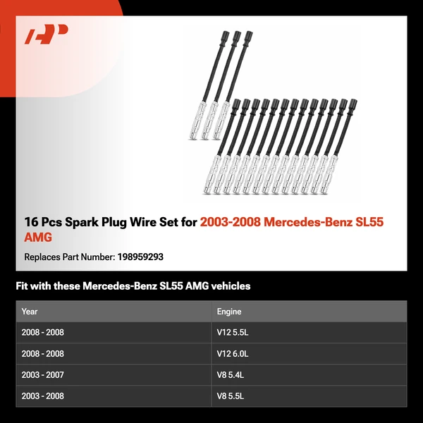 16 Pcs Spark Plug Wire Set for 2003-2008 Mercedes-Benz SL55 AMG