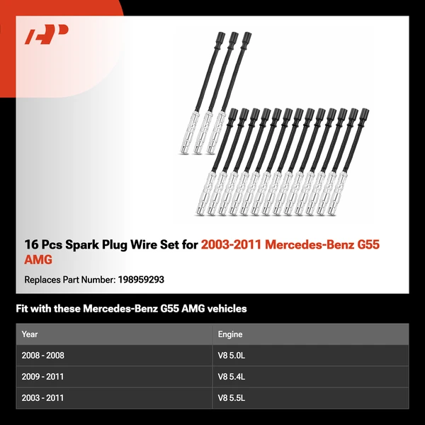 16 Pcs Spark Plug Wire Set for 2003-2011 Mercedes-Benz G55 AMG