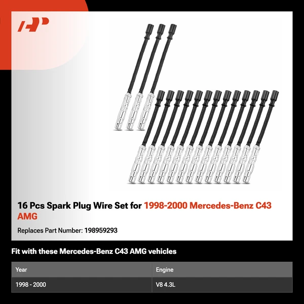 16 Pcs Spark Plug Wire Set for 1998-2000 Mercedes-Benz C43 AMG