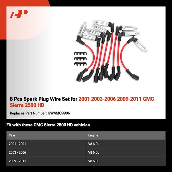 8 Pcs Spark Plug Wire Set for 2001 2003-2006 2009-2011 GMC Sierra 2500 HD