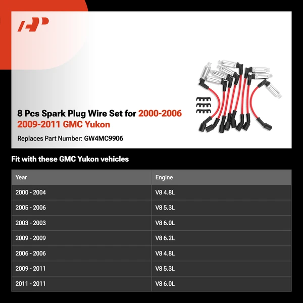 8 Pcs Spark Plug Wire Set for 2000-2006 2009-2011 GMC Yukon