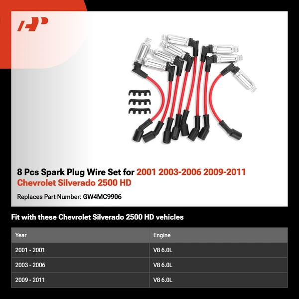 8 Pcs Spark Plug Wire Set for 2001 2003-2006 2009-2011 Chevrolet Silverado 2500 HD
