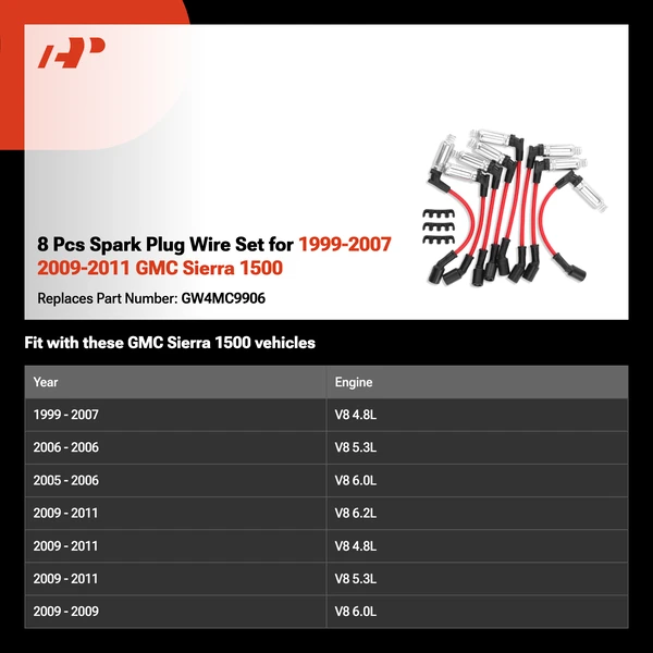 8 Pcs Spark Plug Wire Set for 1999-2007 2009-2011 GMC Sierra 1500