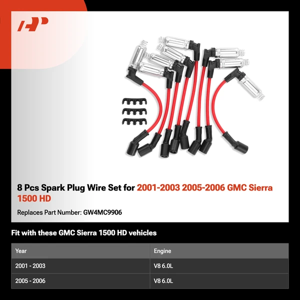 8 Pcs Spark Plug Wire Set for 2001-2003 2005-2006 GMC Sierra 1500 HD