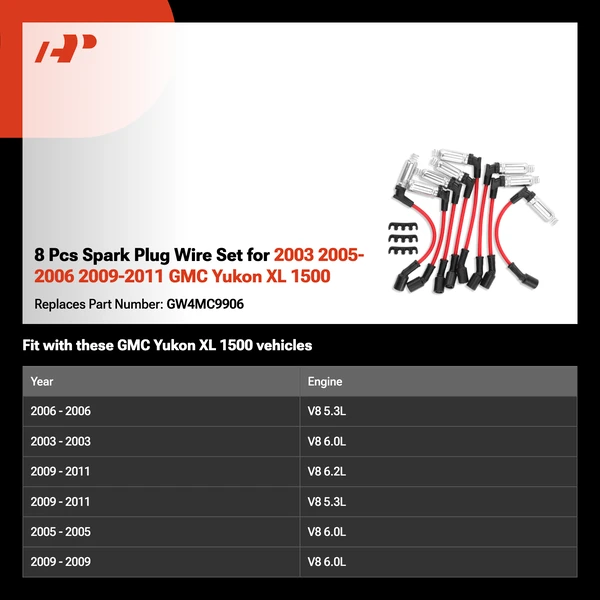 8 Pcs Spark Plug Wire Set for 2003 2005-2006 2009-2011 GMC Yukon XL 1500