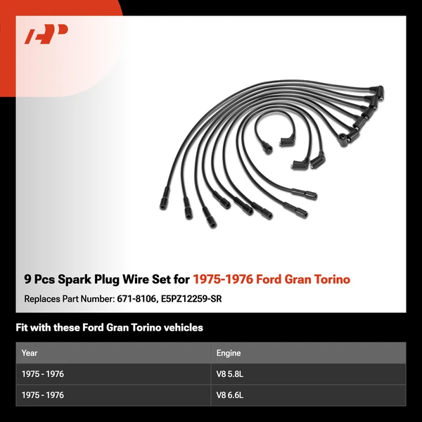 9 Pcs Spark Plug Wire Set for 1975-1976 Ford Gran Torino