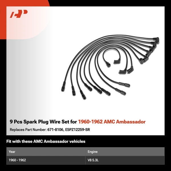 9 Pcs Spark Plug Wire Set for 1960-1962 AMC Ambassador