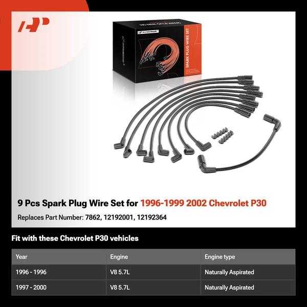 9 Pcs Spark Plug Wire Set for 1996-1999 2002 Chevrolet P30