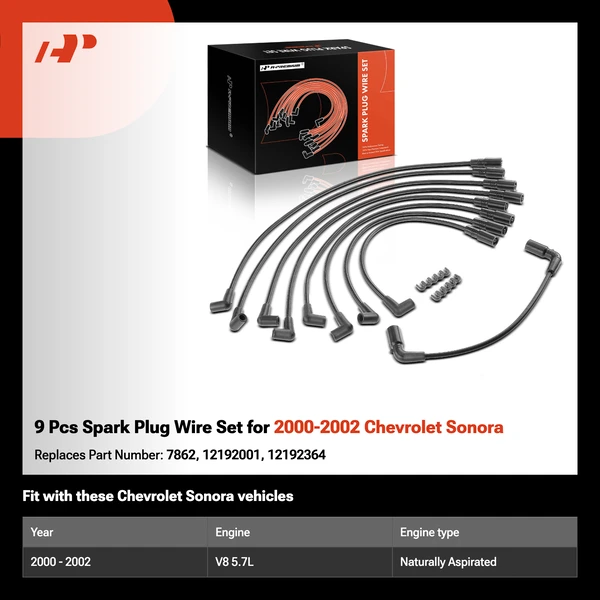 9 Pcs Spark Plug Wire Set for 2000-2002 Chevrolet Sonora
