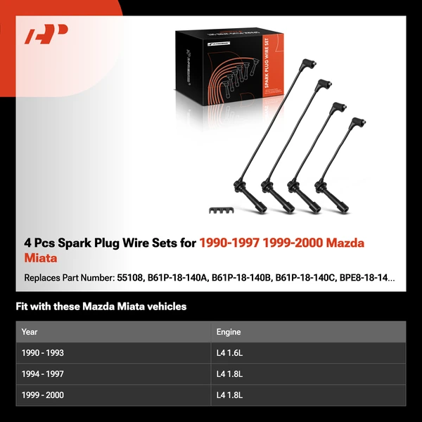 4 Pcs Spark Plug Wire Sets for 1990-1997 1999-2000 Mazda Miata