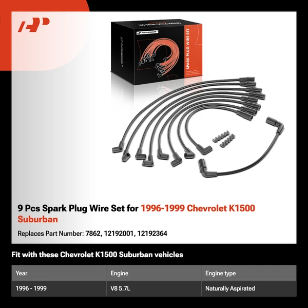 9 Pcs Spark Plug Wire Set for 1996-1999 Chevrolet K1500 Suburban