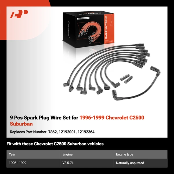 9 Pcs Spark Plug Wire Set for 1996-1999 Chevrolet C2500 Suburban