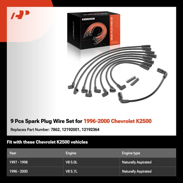 9 Pcs Spark Plug Wire Set for 1996-2000 Chevrolet K2500