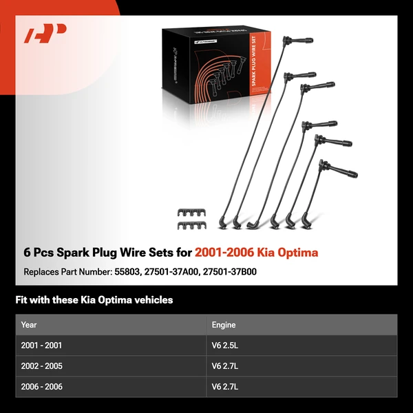 6 Pcs Spark Plug Wire Sets for 2001-2006 Kia Optima