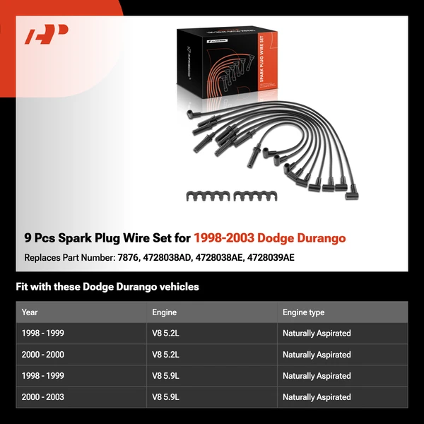 9 Pcs Spark Plug Wire Set for 1998-2003 Dodge Durango