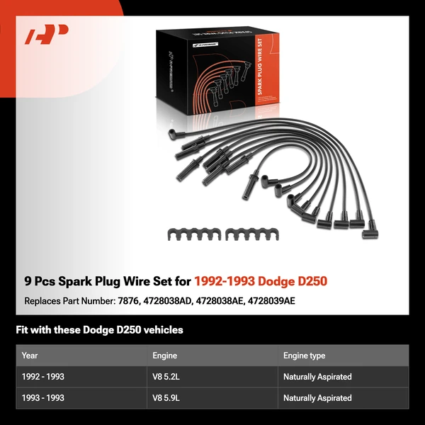 9 Pcs Spark Plug Wire Set for 1992-1993 Dodge D250
