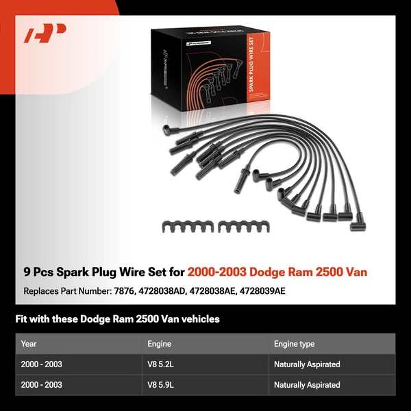 9 Pcs Spark Plug Wire Set for 2000-2003 Dodge Ram 2500 Van
