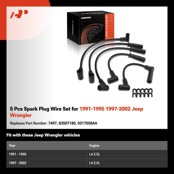 5 Pcs Spark Plug Wire Set for 1991-1995 1997-2002 Jeep Wrangler