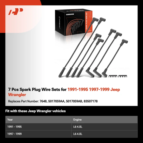 7 Pcs Spark Plug Wire Sets for 1991-1995 1997-1999 Jeep Wrangler