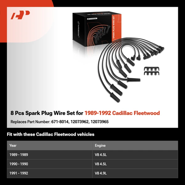 8 Pcs Spark Plug Wire Set for 1989-1992 Cadillac Fleetwood