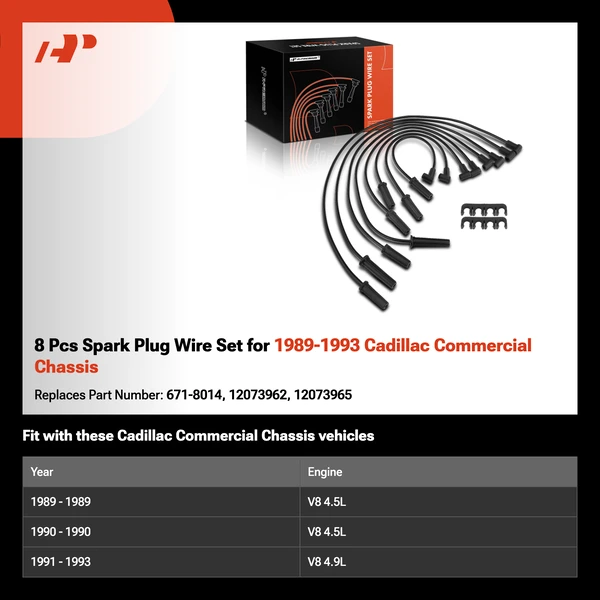 8 Pcs Spark Plug Wire Set for 1989-1993 Cadillac Commercial Chassis