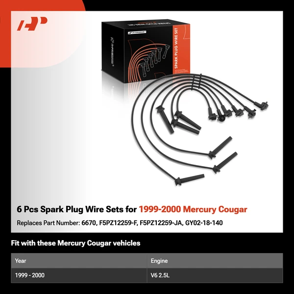 6 Pcs Spark Plug Wire Sets for 1999-2000 Mercury Cougar