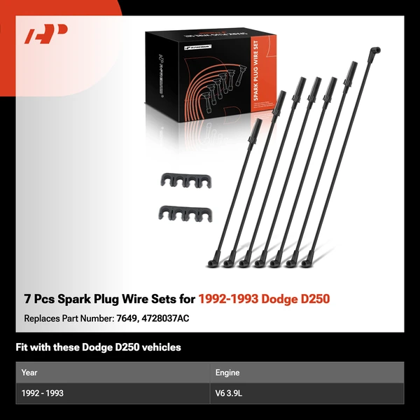 7 Pcs Spark Plug Wire Sets for 1992-1993 Dodge D250