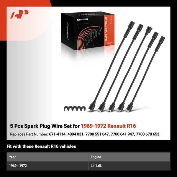5 Pcs Spark Plug Wire Set for 1969-1972 Renault R16