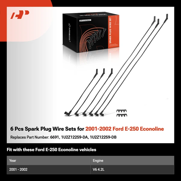 6 Pcs Spark Plug Wire Sets for 2001-2002 Ford E-250 Econoline